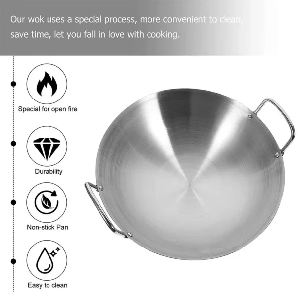 Silver Enamel Wok | Stainless Steel Kuali | Ridged Iron Cooking Wok Durable Kitchen Pan